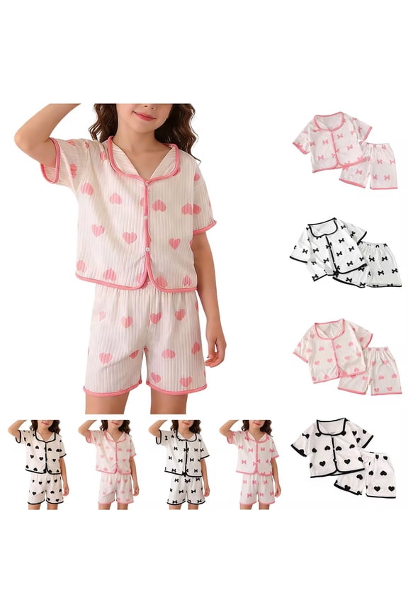 Girls' Pajama Sets 2 Piece Lounge Sets Girls Loungewear Sets Short Sleeve Turn Down Collar Ice Silk Graphic Pajama Sets Summer 2 Piece Outfits
