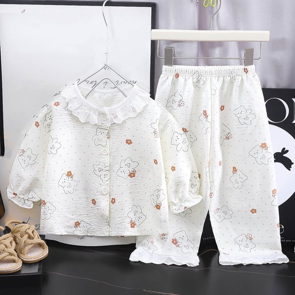 Bovxnpu Girls' Pajama Sets 2 Piece Lounge Sets Girls Solid Long Sleeve Turn Down Collar Pajama Top + Pajama Pants 2-Piece Sets Summer Outfits