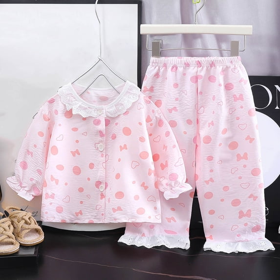 Bovxnpu Girls' Pajama Sets 2 Piece Lounge Sets Girls Solid Long Sleeve Turn Down Collar Pajama Top + Pajama Pants 2-Piece Sets Summer Outfits