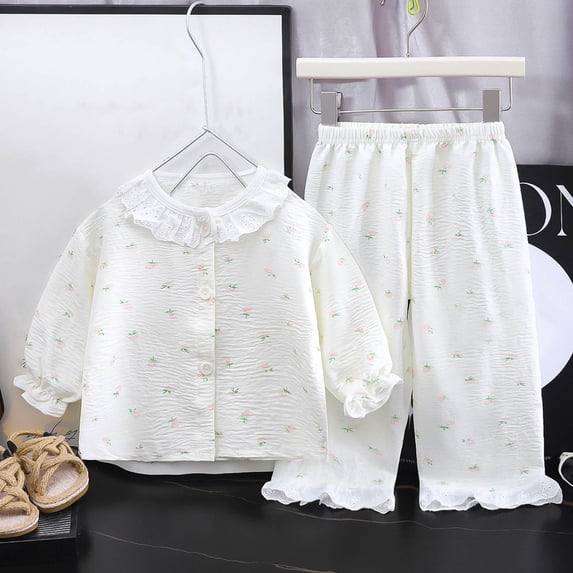 Bovxnpu Girls' Pajama Sets 2 Piece Lounge Sets Girls Solid Long Sleeve Turn Down Collar Pajama Top + Pajama Pants 2-Piece Sets Summer Outfits