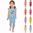 thumbnail image 1 of Bovxnpu Girls' Pant Sets Girls Crew Neck Small Graphic Short Sleeve Ruffled Sleeve Elastic Waist Capris Pant Sets Summer 2 Piece Outfits, 1 of 6
