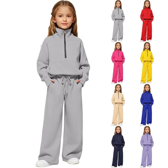 Bovxnpu Girls' Pant Sets Girls Solid Pullover Half-zip Tops Wide-leg Sweatpants Long Sleeve V-neck Sets Summer 2 Piece Outfits
