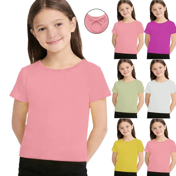 Bovxnpu Girls Short Sleeve T Shirts Kids Summer Tops Ribbed Solid Back Bow Detail Undershirt Girls Tees