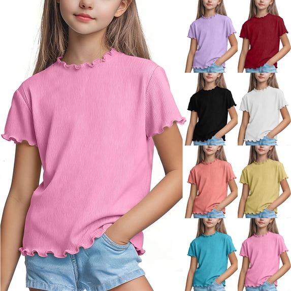 Bovxnpu Girls Short Sleeve T Shirts Kids Summer Tops Ruffle Crew Neck Breathable Comfortable Girls Tees