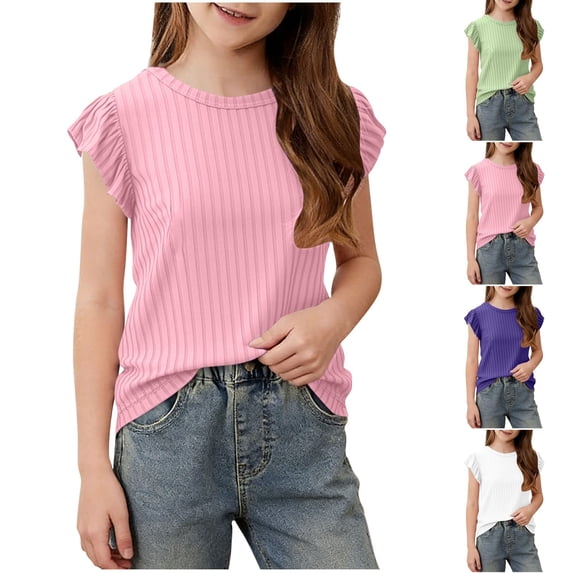 Bovxnpu Girls Short Sleeve T Shirts Kids Summer Tops Solid Crew Neck Tank Top Ice Silk Ruffle Sleeve Girls Summer Tees