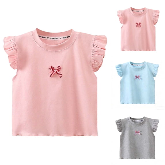 Bovxnpu Girls Short Sleeve T Shirts Kids Summer Tops Solid Ruffle Sleeve Cotton Crew Neck Casual Girls Tees