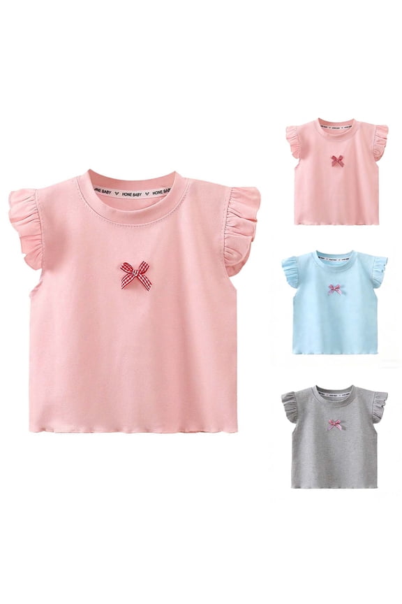 Girls Short Sleeve T Shirts Kids Summer Tops Solid Ruffle Sleeve Cotton Crew Neck Casual Girls Tees