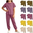 thumbnail image 1 of Bovxnpu Girls Sleepwear 2 Piece Loungewear Set Ribbed Short Sleeve Top and Elastic Cuffed Pants Loungewear Outfits Set, 1 of 7