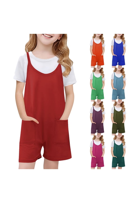 Girls Sleeveless Romper Kids Summer Casual Spaghetti Strap Short Jumpsuit with Pockets Sleeveless Girls Romper Shorts Spaghetti Straps Pockets Summer Shorts