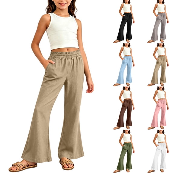 Bovxnpu Girls Summer 2 Piece Outfits White Fitted Tank Linen-Like Pocket Flare Pants Set