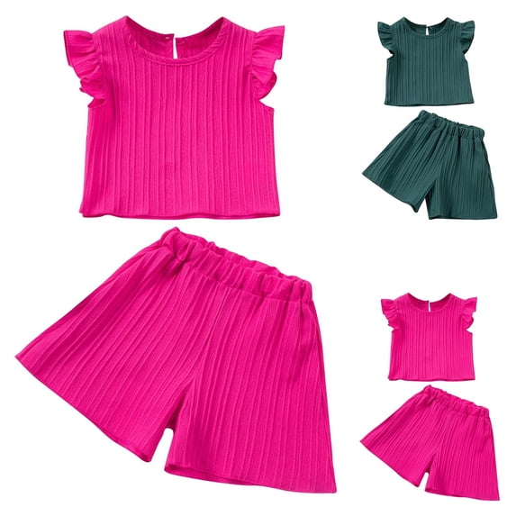 Bovxnpu Girls Summer Outfits 2 Piece, Girls Cotton Ruffle Sleeve Top and Shorts Set, Children's Solid Color Small Fly Sleeve Round Neck Elastic Waist Shorts Summer Casual Set 5 Years