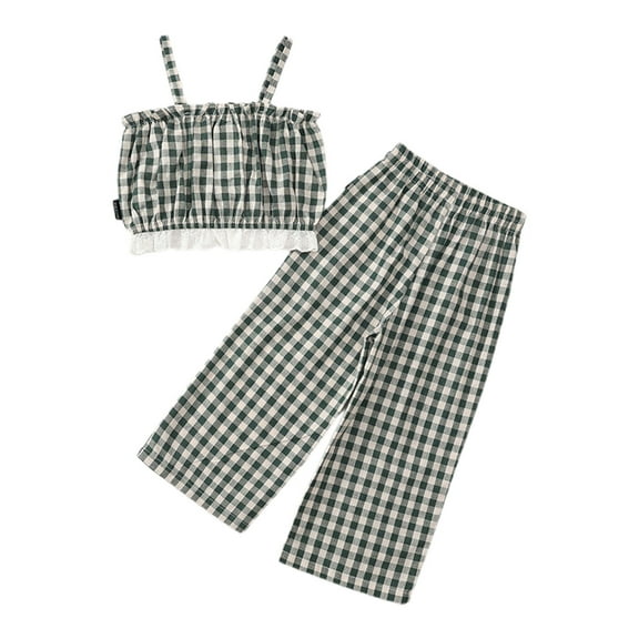 Bovxnpu Girls Summer Outfits, Girl's 2 Piece Boho Outfits Pleated Camisoles Top and Wide Leg Pants, Girl Casual Sleeveless Plaid Camisole Top Wide Leg Cropped Pants Two-piece Set 8-9 Years
