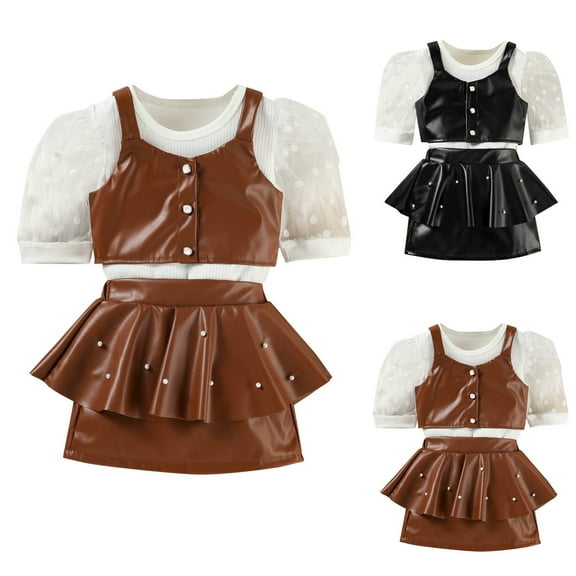 Bovxnpu Girls Summer Outfits, Girl's 2 Piece Outfits Cropped Top Shirt and Skirt Set, Girls' Mesh Short Sleeved Fashionable Open Button Leather Nail Bead Cake Skirt 3 Years