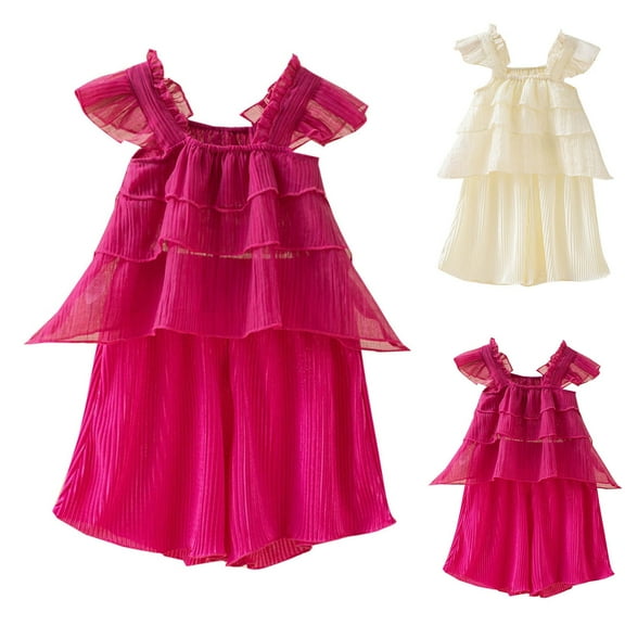 Bovxnpu Girls Summer Outfits, Girl's 2 Piece Outfits Ruffle Camisoles Top and Shorts Set, Girls' Summer Breathable And Fresh Long Skirt Short Ruffled Skirt Short Set 3 Years
