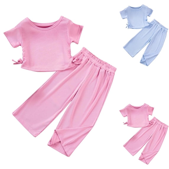 Bovxnpu Girls Summer Outfits, Girls Cotton Short Sleeve Top and Wide Leg Pant Set, Children's Solid Color Short Sleeved Tops With Elastic Waistband Pants Summer Casual And Comfortable Set 1 Year