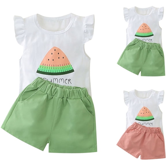 Bovxnpu Girls Summer Outfits, Girls Ruffle Short Sleeve Graphic Tee Top Summer Shorts Set, Girl Baby Short Sleeved Summer Set Flying Sleeve Set Two-piece Set Of Clothes 3 Months