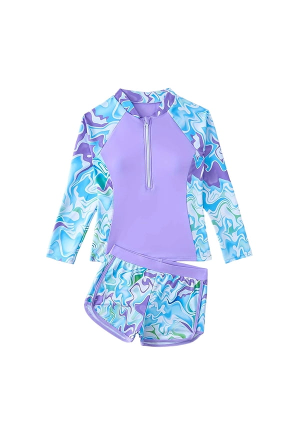 Girls' Swimwear Sets Girls Tankini Swimwear Long Sleeve Short 2-Piece Surf Set Swimwear (Juniors)