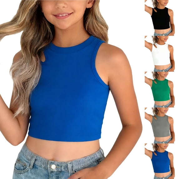 Bovxnpu Girls Tank Tops Undershirts Sleeveless T Shirts Solid Ribbed Asymmetrical Shoulder Sleeveless Sports Girls Tees