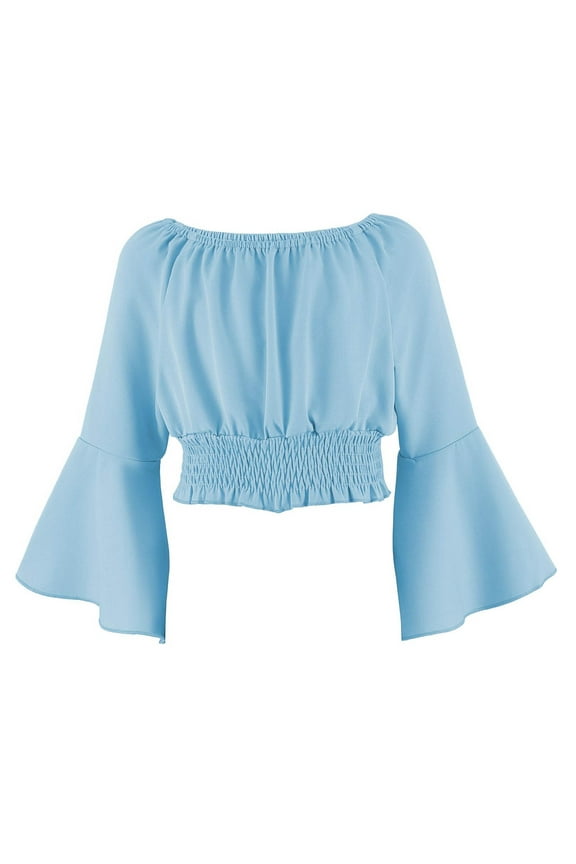 Girls Tops Long Sleeve Shirt Blouse Tops, Children's Round Neck Waist Cinched Floral Sleeve Blouses Tops 9 Years