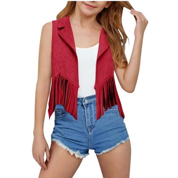 Bovxnpu Girls Tops Sleeveless Waistcoat Cardigans, Girls Suede Fringe Vest Sleeveless Boho Tassels Cropped Jacket Cardigan 5 Years