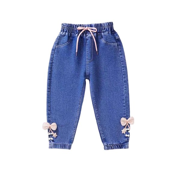 Bovxnpu Girls Wide Leg Jeans Flare Denim Pants Denim Flare Kids Beaded Elastic Waist Applique Casual Comfortable Detail Pants