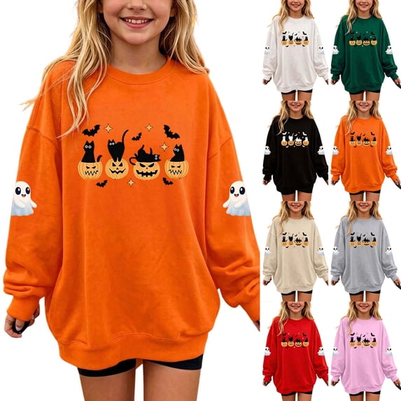 Bovxnpu Halloween Day Unisex Girls Long Sleeve Shirts Undershirts Graphic Long Sleeve Fleece Crew Neck Pullover Sweatshirt Kids Tops