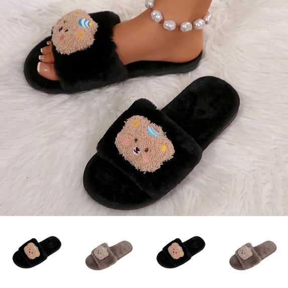 Bovxnpu House Slippers for Women Casual Indoor/Outdoor Shoes, Women's Casual Open-Toe Plus Size Furry Slippers Bear-Themed Warm Shoes Comfy Indoor House Shoes