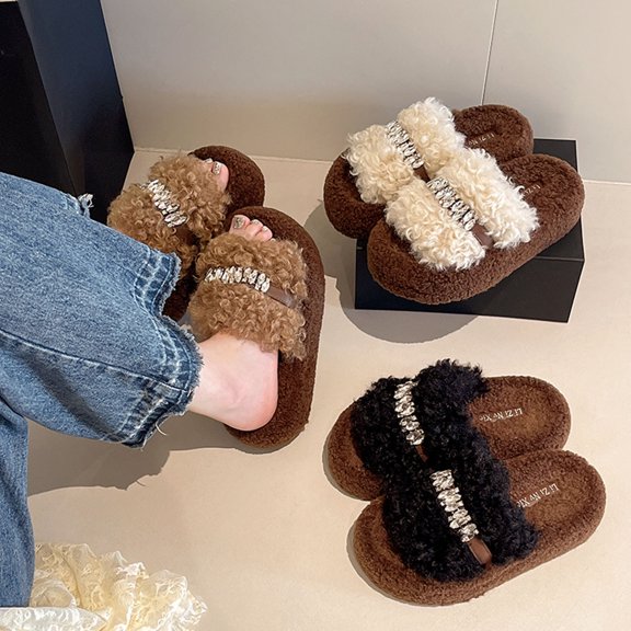 Bovxnpu House Slippers for Women Casual Indoor/Outdoor Shoes, Women's Letter Thick-Soled Rhinestone Open-Toe Height-Enhancing Multi-Color Shoes Fall And Winter Slippers Comfy Indoor House Shoes