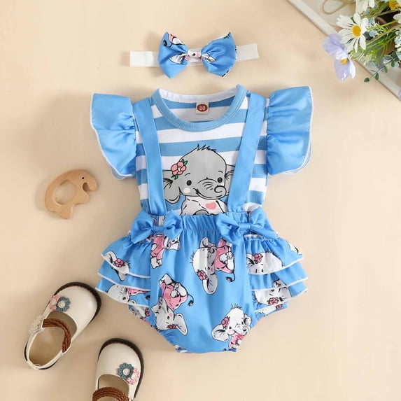 Bovxnpu Infant Toddler Outfits Set Toddler Ruffle Graphic Top Suspender Shorts Headband 3 Piece Sets Summer 2 Piece Outfits