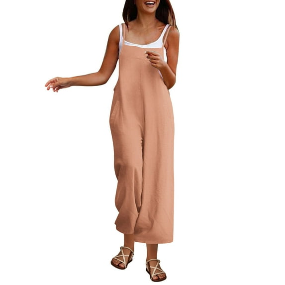 Bovxnpu Jumpsuits for Women Casual Summer Overalls Sleeveless Spaghetti Strap Romper Trendy Beach Vacation Outfits Wide Leg Pants Women High Waisted With Pockets Soft Comfy