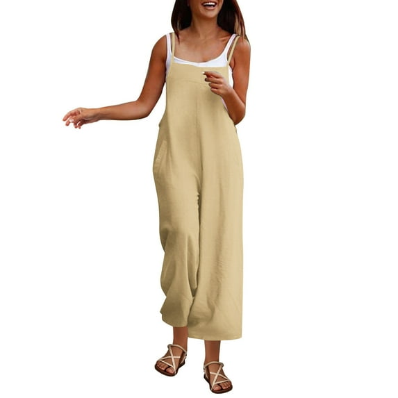 Bovxnpu Jumpsuits for Women Casual Summer Overalls Sleeveless Spaghetti Strap Romper Trendy Beach Vacation Outfits Wide Leg Pants Women High Waisted With Pockets Soft Comfy
