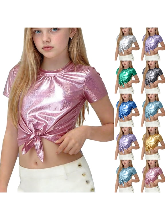 Kids Boys Girls Short Sleeve Performance Tshirt Solid Tshirt With Sequin For Carnival Tees