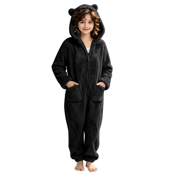 Bovxnpu Kids Fleece Jumpsuit Pants Hooded Zipper Long Sleeve Pants 9 Years