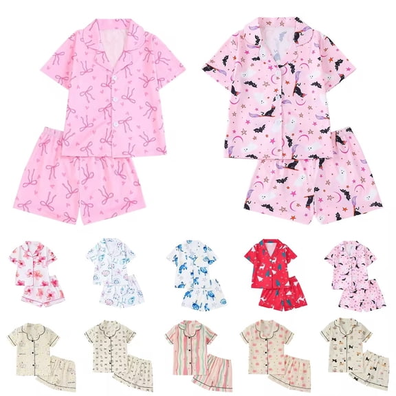 Bovxnpu Kids Toddler Boys Girls Pajama Set, Girls Pajamas Silk Pjs Set Satin Sleepwear Short Sleeve Jammies for Kids Button-Down Nightwear