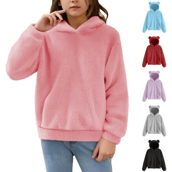 Bovxnpu Kids Toddler Fall Outfits Winter Clothes, Girls Fuzzy Fleece Pullover Hoodies Sweatshirt Casual Loose Outwear Coat with Pockets