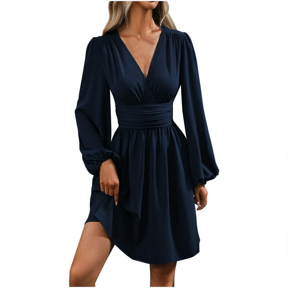Bovxnpu Long Sleeve Dress for Women, Women Long Sleeve Dress Plus Size V Neck Dress with Gathered Waist Puffed Sleeves Mini Dress Sundress Spring Fall Outfits