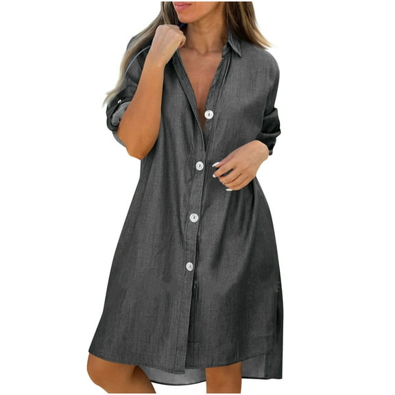 Bovxnpu Long Sleeve Dress for Women, Women Long Sleeve Dress Plus Size Denim Dress Button Down Shirt Dress Casual Spring Fall Outfits