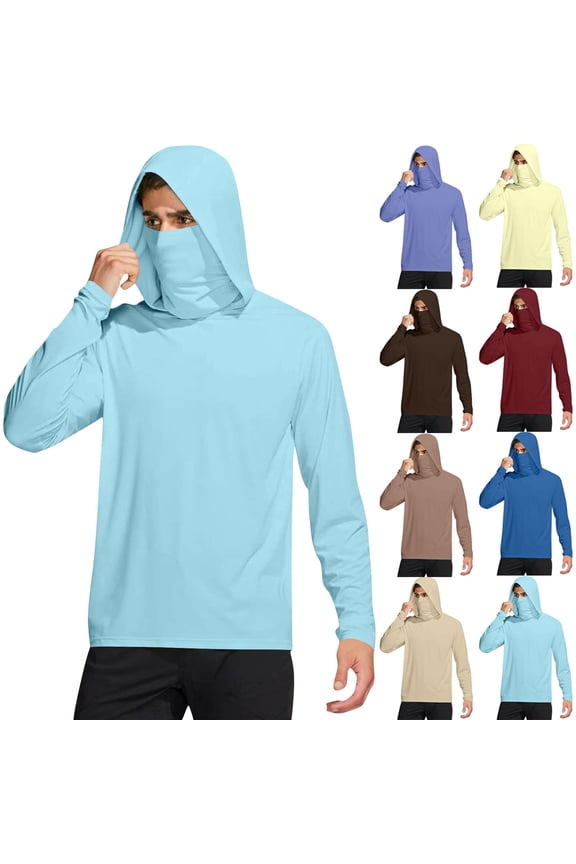 Long Sleeve Shirts for Men Sun Protection, Men's Summer Long Sleeve Hooded Sun Protection Jacket Lightweight Breathable Sun Protection With Face Cover Casual Outdoor Tops