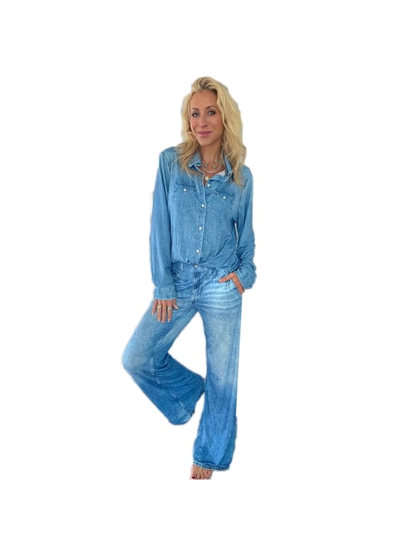 Lounge Sets for Women Summer 2 Piece Outfits Set Denim Shirt Pant Set Crew Neck Long Sleeve Pajama Loungewear With Pocket Set