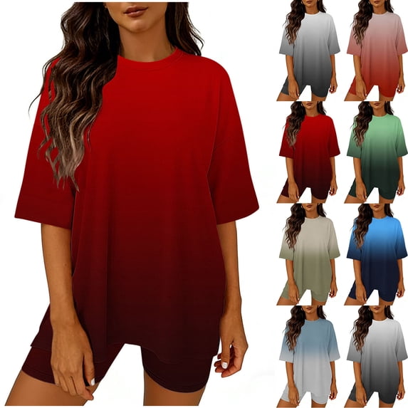 Bovxnpu Lounge Sets for Women Summer 2 Piece Outfits Set Short Sleeve Crew Neck Gradient Top With Comfortable Shorts Set