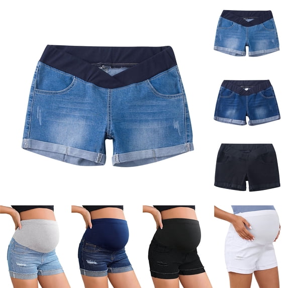 Bovxnpu Maternity Clothes For Women, Women's Maternity Jean Shorts Summer Distressed Denim Shorts, Woman Fashion Solid Color Elastic Waist Pockets Shorts Jeans