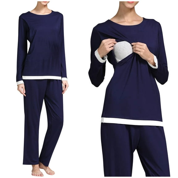 Bovxnpu Maternity Clothes For Women, Women's Maternity Nursing Pajamas Set Breastfeeding Sleepwear, Ladies Fashion Solid Color Long Sleeve Pregnant Woman Breastfeeding Casual Pants Pajamas Set M