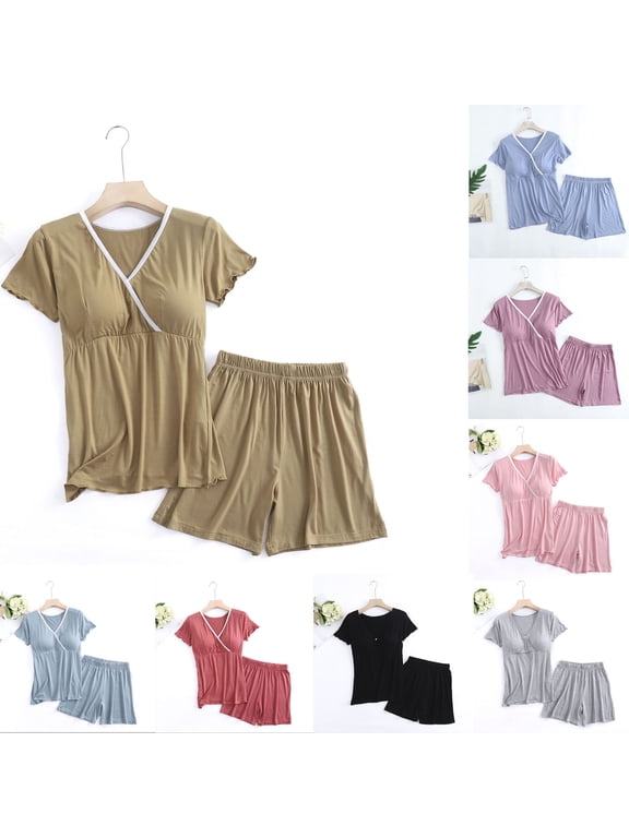 Maternity Clothes For Women, Women's Maternity Nursing Pajamas Set Breastfeeding Sleepwear, Short Sleeved Postpartum Clothing For Pregnant Women Breastfeeding Dress Home Clothing L