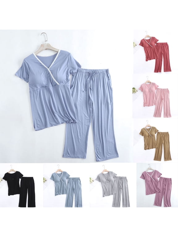 Maternity Clothes For Women, Women's Maternity Nursing Pajamas Set Breastfeeding Sleepwear, Womens Solid White Striped Pregnant Woman-neck Short Sleeved 7/4 Pants Set Suit Set XXL