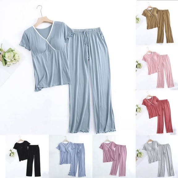Bovxnpu Maternity Clothes For Women, Women's Maternity Nursing Pajamas Set Breastfeeding Sleepwear, Womens Solid White Striped Pregnant Woman-neck Short Sleeved Long Pants Set Suit Set L