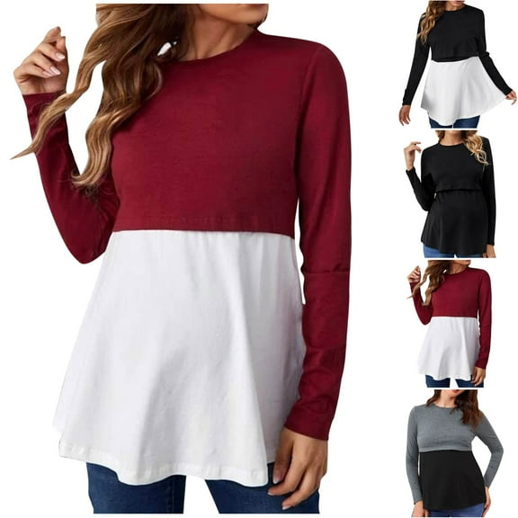 Bovxnpu Maternity Clothes For Women, Women's Maternity Shirts Long Sleeve Pregnancy Tops, Long Sleeve Neck Blouses Shirts Solid Color Women Top Maternity Clothing Breastfeeding Button Top L