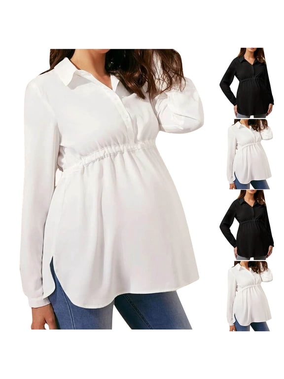 Maternity Clothes For Women, Women's Maternity Shirts Long Sleeve Pregnancy Tops, Pregnant Women Top Long Sleeved Shirt Women Clothing Pleated High Waisted Lace Up Pregnant Shirt M