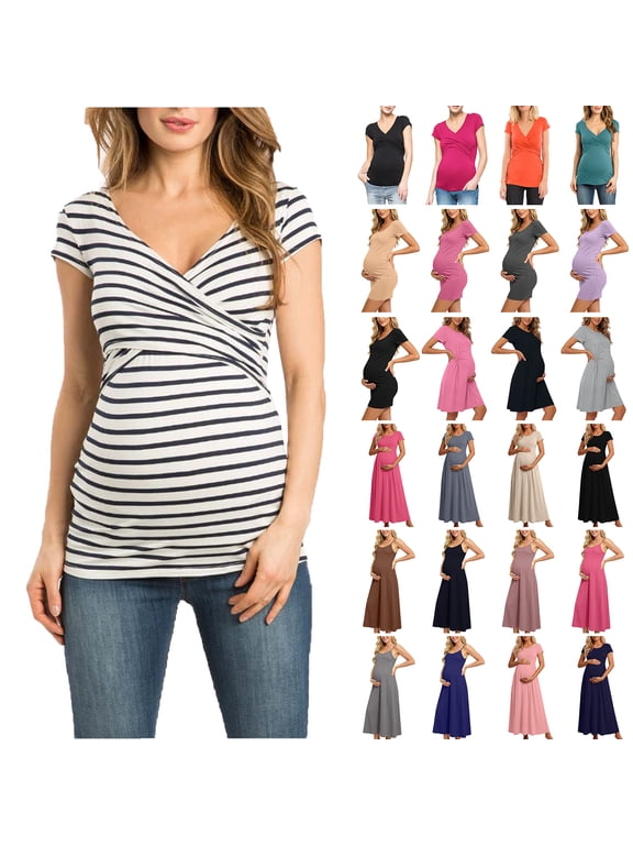 Maternity Clothes For Women, Women's Maternity Shirts Short Sleeve Pregnancy Tops, Fashion Women's Short Sleeve Summer Printed Neck Sexy Casual Botton Regular Blouses S