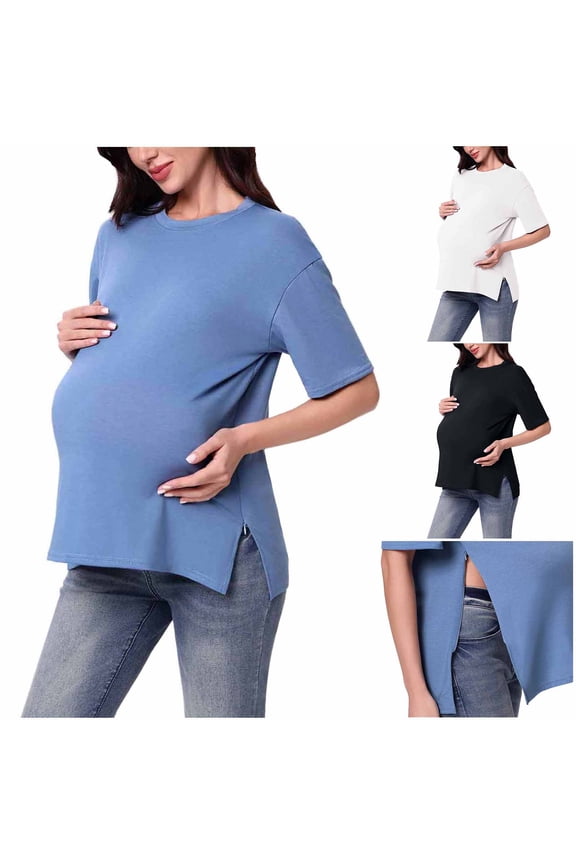 Maternity Clothes For Women, Women's Maternity Shirts Short Sleeve Pregnancy Tops, Pregnant Womens Nursing Solid Color Round Neck Short Sleeve Round Neck Breastfeeding Blouse L