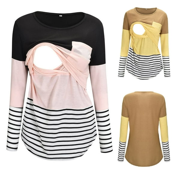 Bovxnpu Maternity Summer Clothes,Long Sleeve Maternity Tops,Maternity Shirts,Round Neck Stripe Patchwork Long Sleeve Breast Feeding Pregnant Woman Nursing Blouse Tops T-Shirt